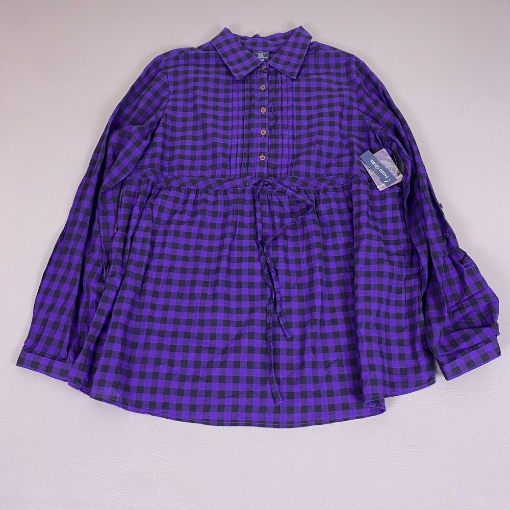 Faded Glory Pintuck Tunic Shirt Women's 16-18 XL Purple Black Gingham Plaid‎ NWT